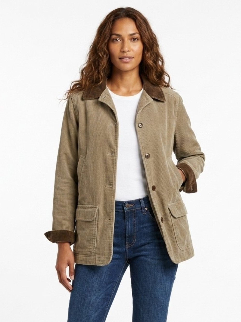 Vintage L.L. Bean Corduroy Button-Front Collared Utility Chore Jacket in Taupe